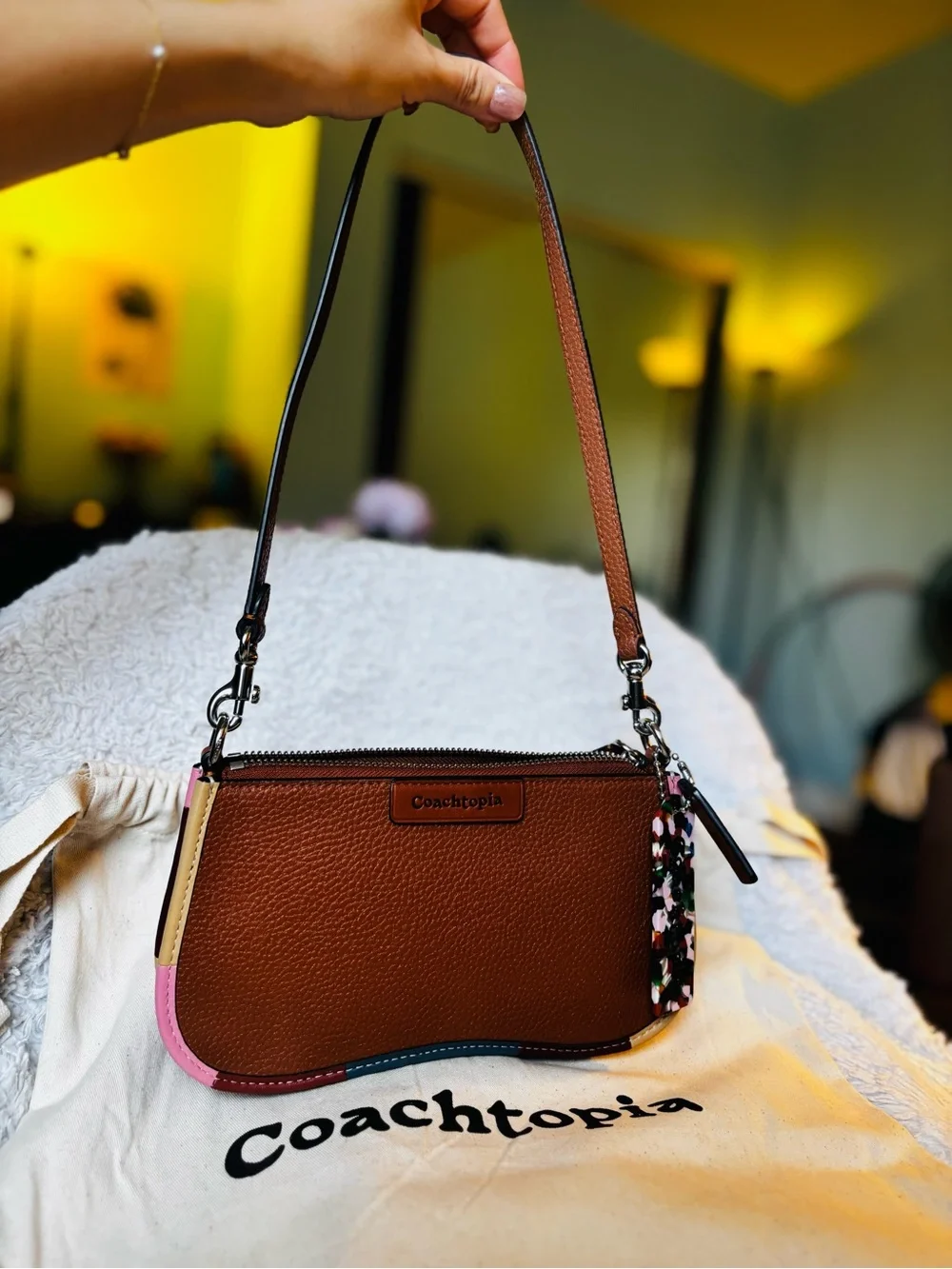 Coach- small wavy shoulder bag in Coachtopia leather with colorful binding